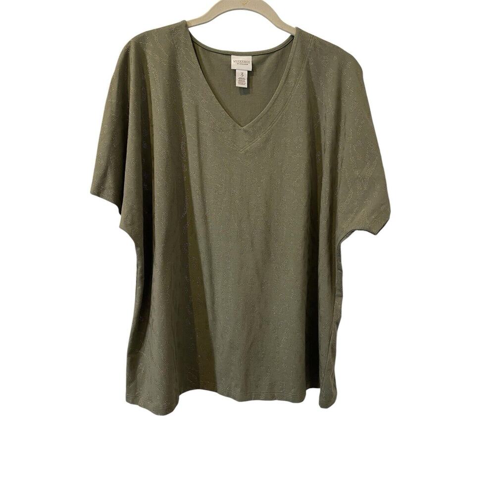 Chico's Women's Size 3(XL) Top Short Sleeve Green/Gold Embellish VNeck